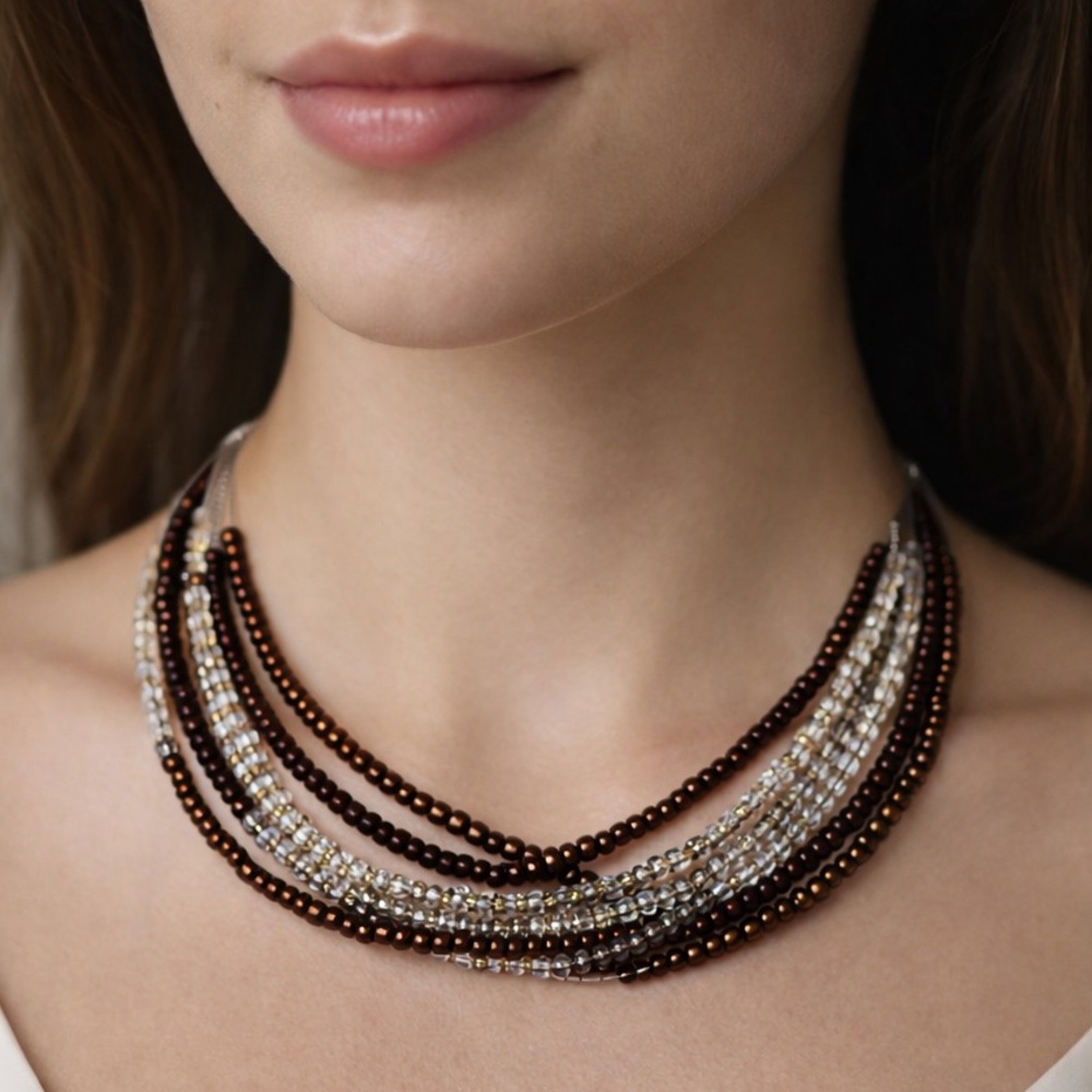 Multi-Strand Glass Bead Choker Necklace Silver & Dark Metallic Adjustable